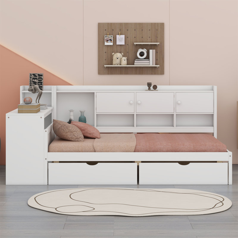 Wooden L-Shape Daybed With Storage Cabinets And Two Storage Drawers, Multi-Functional Bed With Study Desk And Built-In Bookshelf