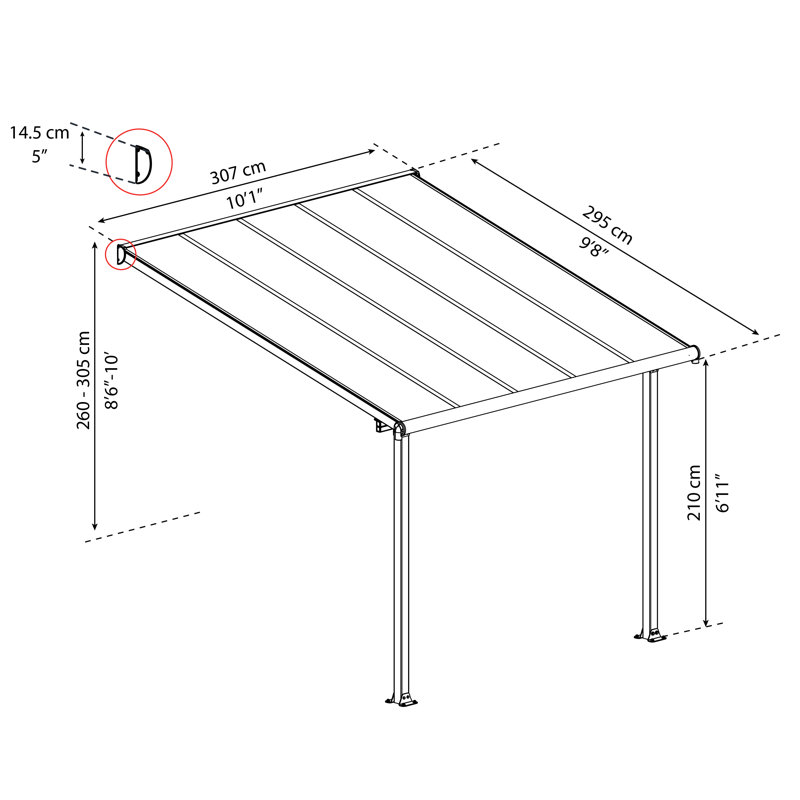 Palram - Canopia Olympia 9' 8" D Polycarbonate Stationary Patio Awning, 120" H x 121" W x 116" D, Gray/Bronze