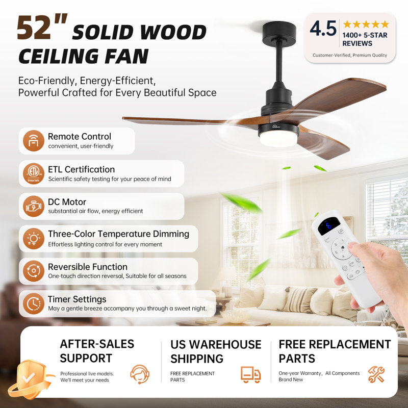 Nicola 52'' 3 - Blade Modern Ceiling Fan with Remote Control and Light Kit, Black/Brown