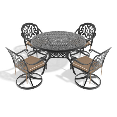 L'ensemble de salle à manger en aluminium coulé Allweather comprend des chaises pivotantes et une table ronde avec cadre noir