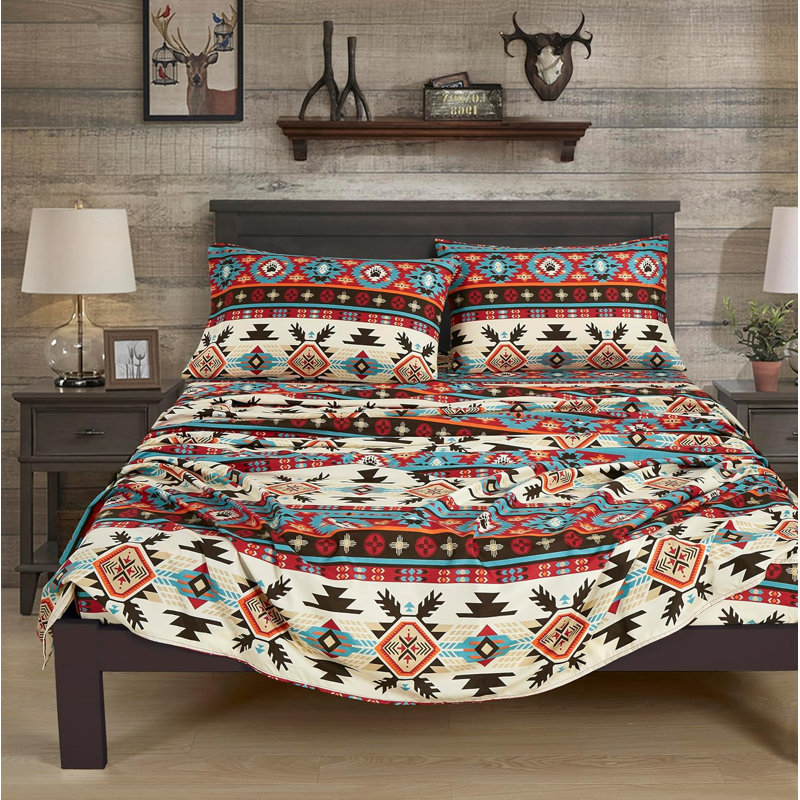 Southwestern Geometric Printed Microfiber Bed Sheet Set, California King Sheet Set with 2 Pillowcases