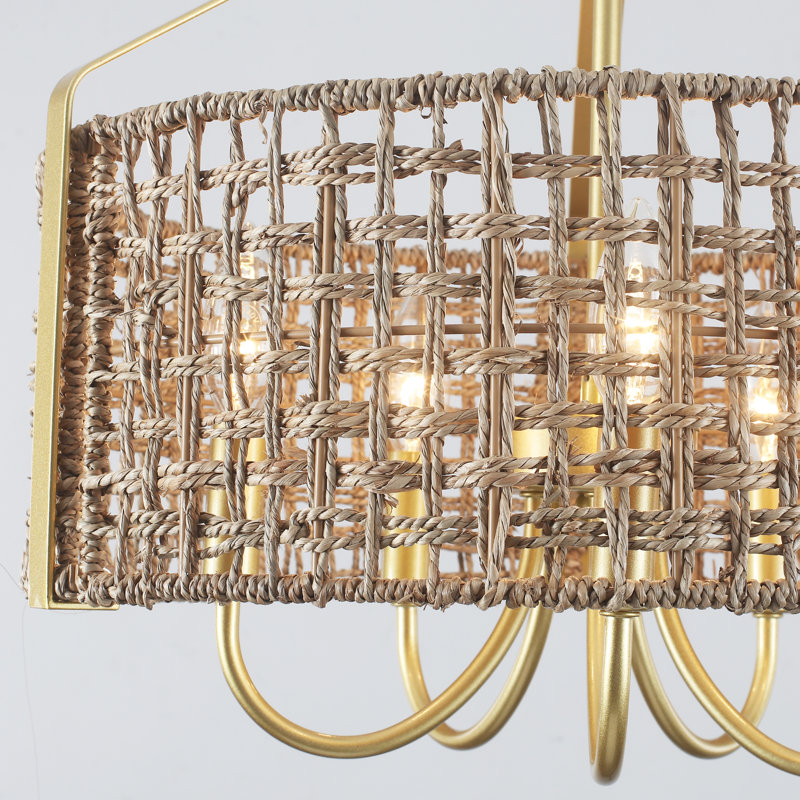 5 - Light 18.35” Dimmable Metal Drum Rattan Bohemian Candle Chandelier With Seagrass Shade, Doré