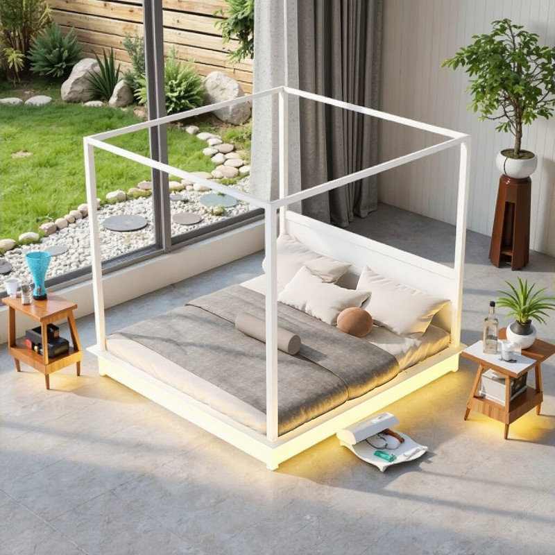Lit à baldaquin grand avec lumières DEL 87,4 po - Lit plateforme moderne, Grand lit