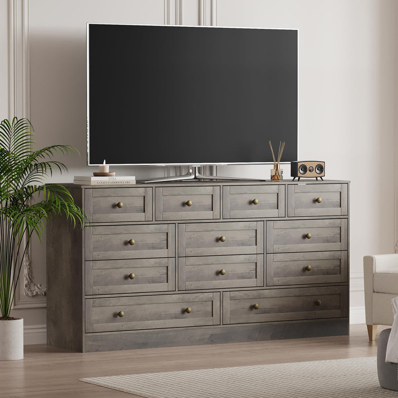 12 Drawer Wooden Dresser, Modern TV Stand for 65" TV, Storage Organizer for Bedroom or Living Room, Gray