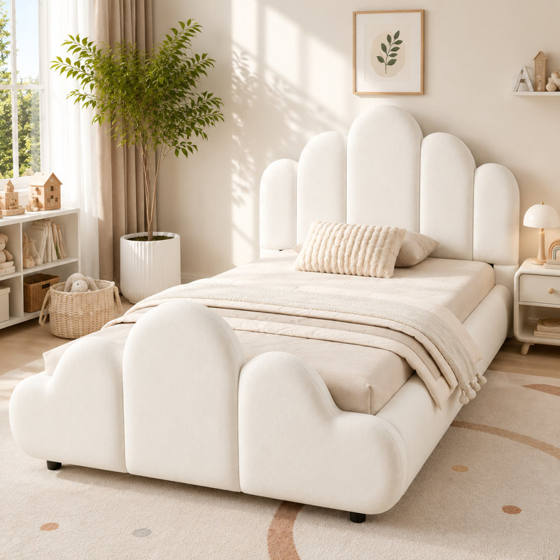 3FT Single Petal-Shaped Upholstered Bed, Beige Velvet