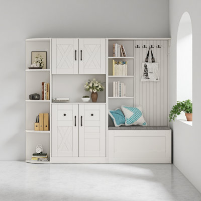 Multifunctional Left-Right Combination Hall Cabinet (Can Be Used Separately) With Storage And 4 Hooks, Storage Cabinet/ Hall Tree 2 In 1 For Living Room, Kitchen And Hallway
