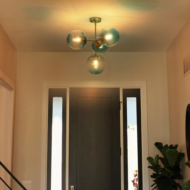 Lustre sphérique en verre Spoutnik 4 lumières Orrhaen, Or brossé, Bleu