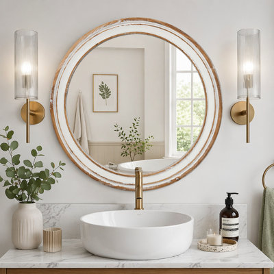 Wooden Farmhouse Round Wall Mirror for Bathroom Vanity