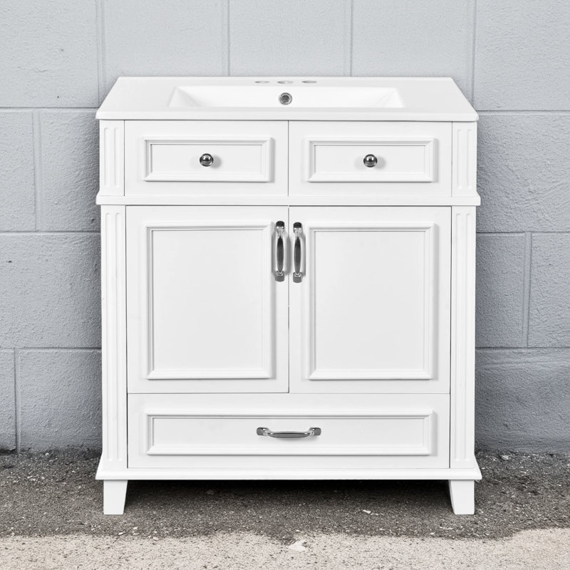 Meuble-lavabo de style rétro de 30 pouces: lavabo en céramique blanche avec armoires de rangement en bois massif et porte à fermeture en douceur pour à la fois esthétique et pratique