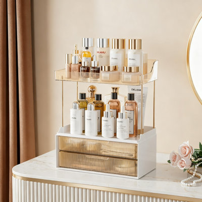 Bathroom Organizer Countertop 2-Tier with 2 Drawers, Makeup Vanity Storage (Amber)