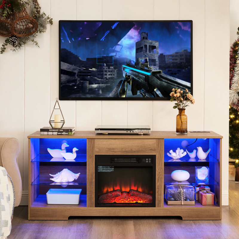 Electric Fireplace Tv Stand, 3D Flame, Led, Port, 58''W Cabinet For 32-62" Tvs, Oak Finish Stand With Fireplace, Fire, Led Lights, Outlet, 32 - 62" Oak Color