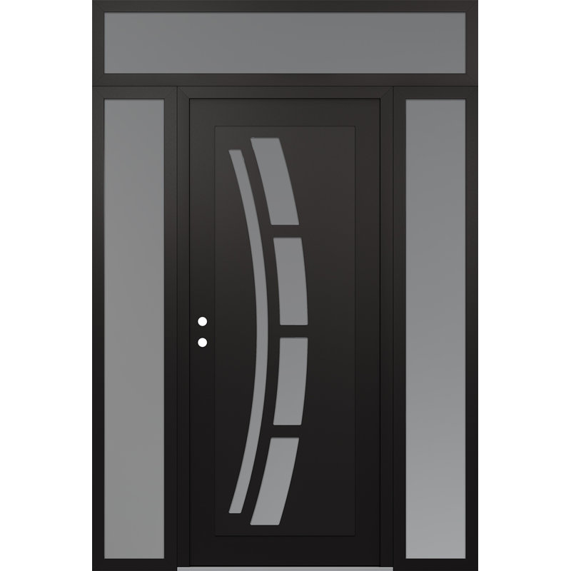 C12 à droite 68 po X 96 po Panneau en acier noir et verre givré noir et blanc avec 2 panneaux latéraux et porte d'entrée avant en verre givré avec traverse