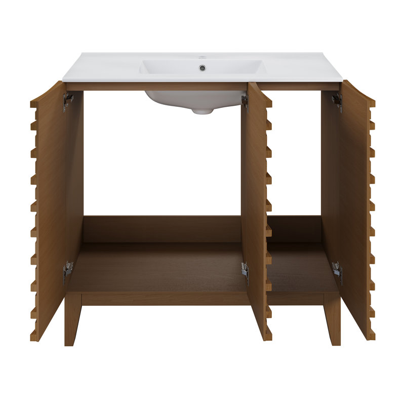 Meuble-lavabo en chêne brun 36 po avec plateau en céramique blanche Cascade, Brun