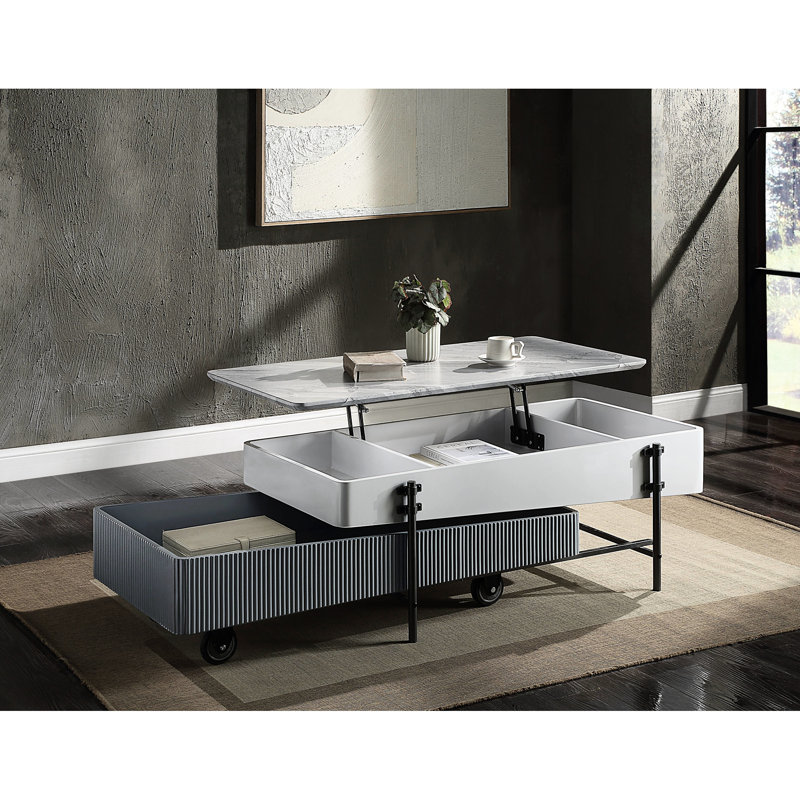 Table basse grise et blanche avec coffre de rangement modulaire et pratique