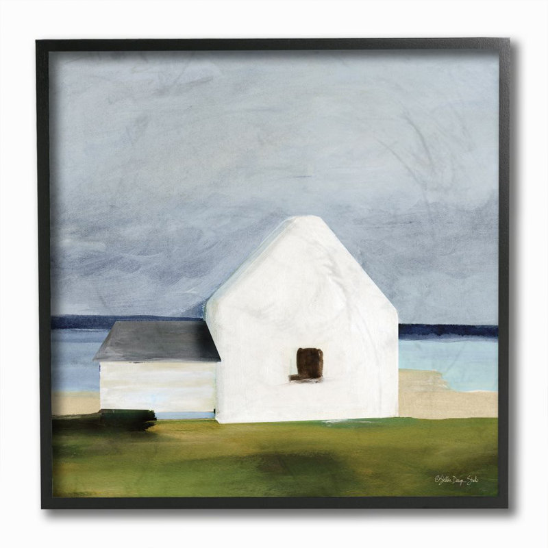 Maison de campagne blanche sous le ciel gris-impression d’art graphique, Giclée encadrée noir minuit