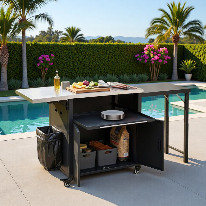 Chariot pour îlot de cuisine pour l'extérieur avec support à déchets, plateau pliable, panneau Lron extensible et espace de rangement