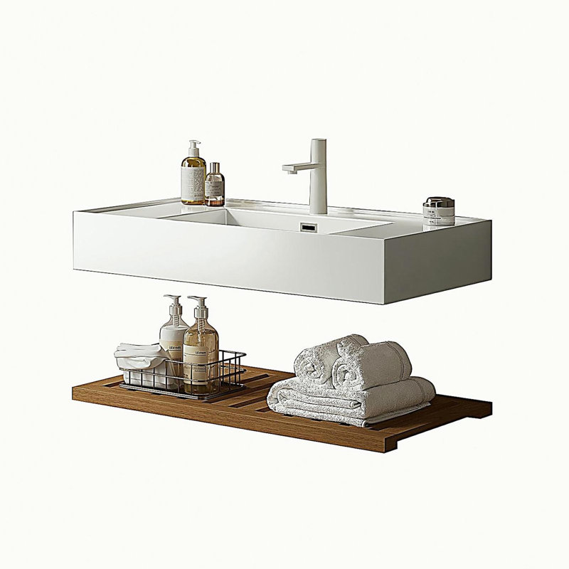 36" Bathroom Vanity with Vessel Sink, Wall-Mounted Floating White Rectangular Acrylic Integrated Basin without Faucet, Striped Shelves Layer, Dark Walnut Woodgrain Color