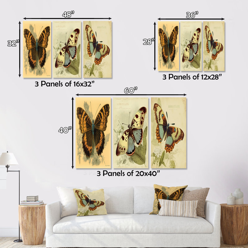 Illustration rétro de papillon II, 3 pièces, H 28 po x l 36 po x P 1 po