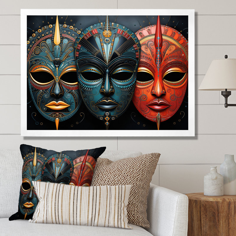 Red African Masks III - Masque africain, art mural, H 34 po x l 44 po, Reproduction avec cadre flottant, Blanc