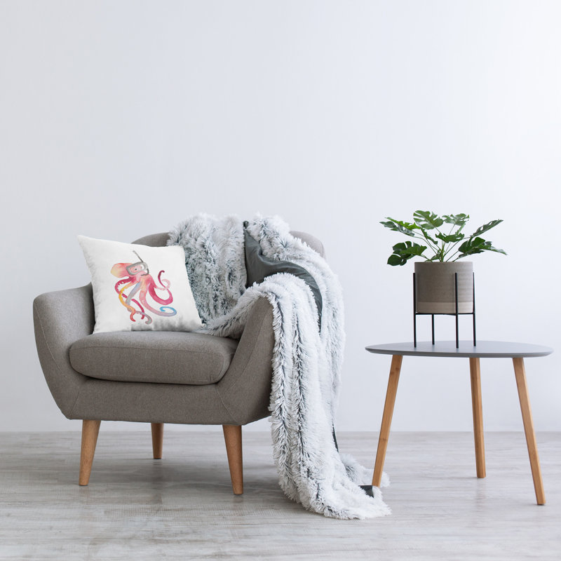 White Polyester Square Pillow with Octopus Print, 18x18