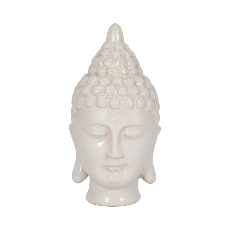 White Ceramic Buddha Head Figurine - 9" Stoneware Modern Home & Office Decor Accent