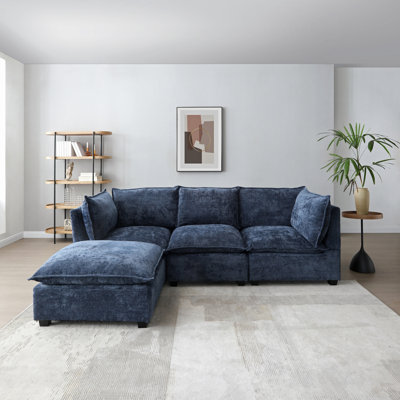 Ensemble de canapé d'angle moderne en tissu de lin en forme de L avec repose-pieds convertible pour salon, appartement, bureau (modulaire)