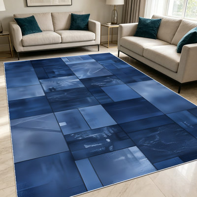 1PC Navy Blue Patchwork Geometric Abstract Mosaic Art area rugs for Living Room, Soft and Comfortable, Suitable for all seasons, easy-to-maintain, machine washable Indoor floor mat, Under Table Farmhouse suitable for dining area, bedroom, front...
