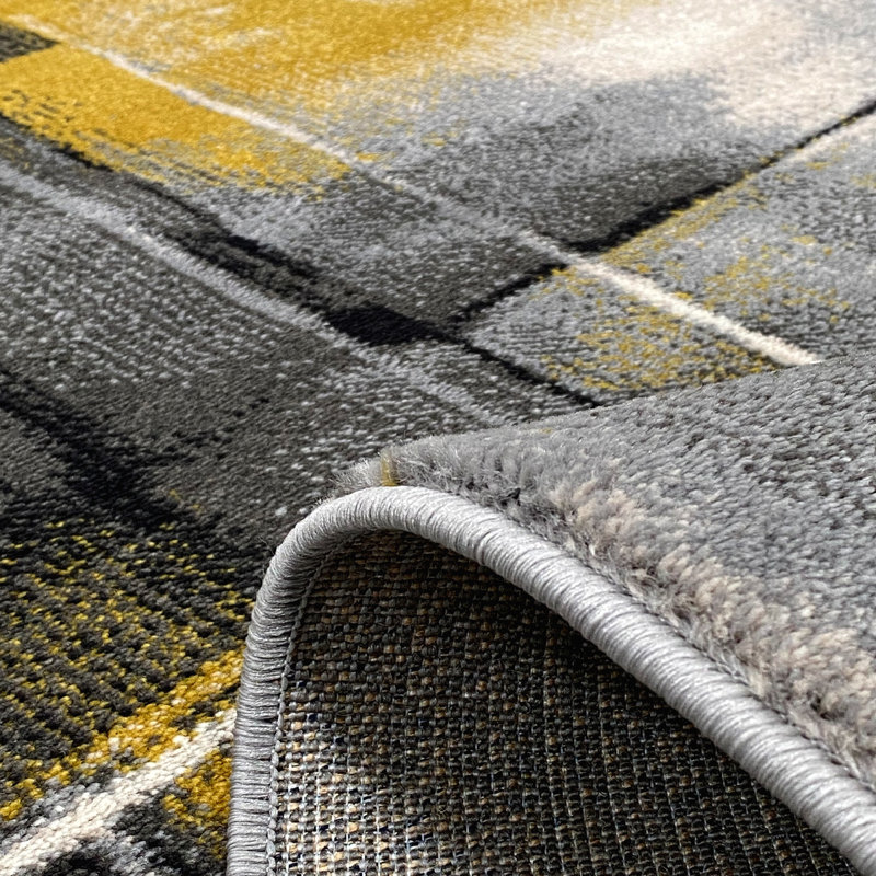 Tapis de couloir luxueux (4 x 13,1 pi), gris et jaune, 100% polypropylène | 2300 g / m², Hauteur des poils: 0,4 po | Antibactérien, sous-couche en jute, aspirateur | Durable et élégant pour les entrées et les espaces de vie modernes