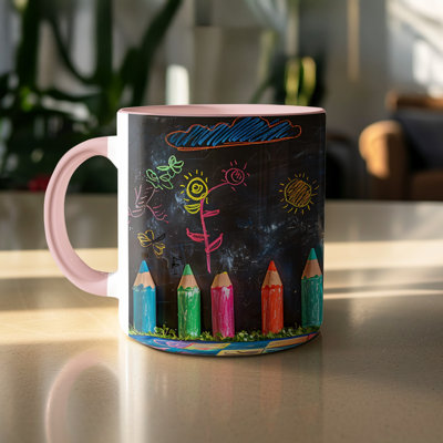 Kids Drawing Style 11oz Accent Mugs – Ceramic Coffee Cup with a Pink Handle and Interior