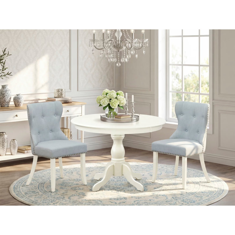 3 Piece Kitchen Table Set Contains a Round Dining Room Table with Pedestal and 2 Baby Blue Linen Fabric Upholstered Chairs, Linen White