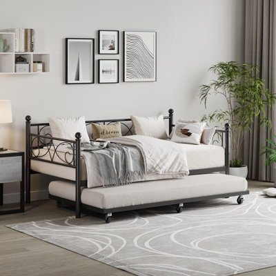 Twin Daybed and Trundle Frame Set with Roll Out Trundle Durable Steel Slat Support by Mercer41
