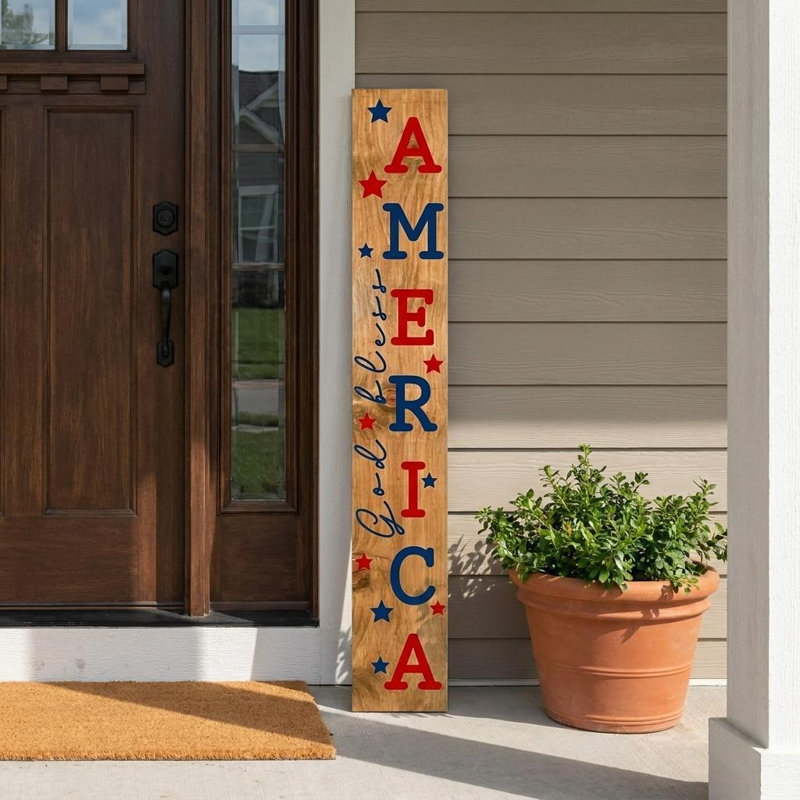 Panneau de véranda 59 "en bois massif rouge et bleu naturel God Bless America