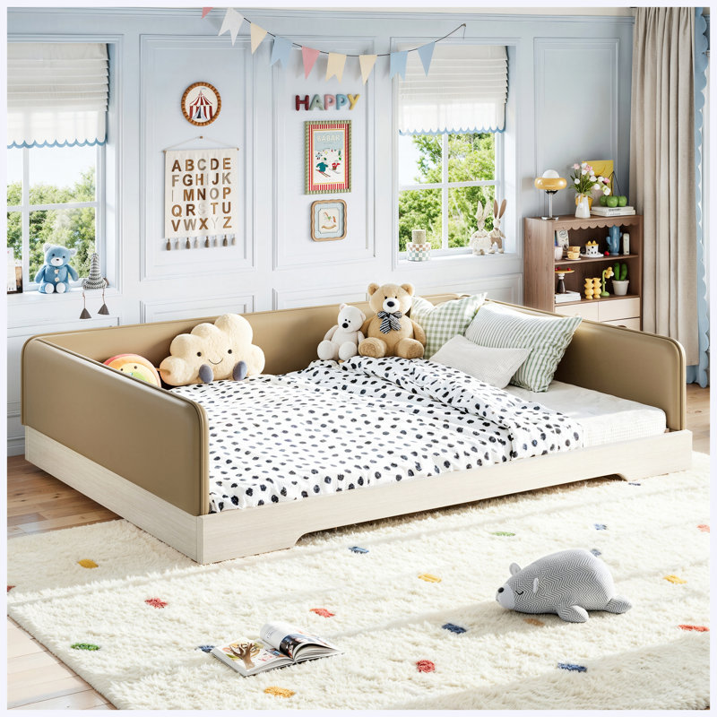 Grand lit au sol en faux cuir Montessori avec garde-corps amovibles, brun