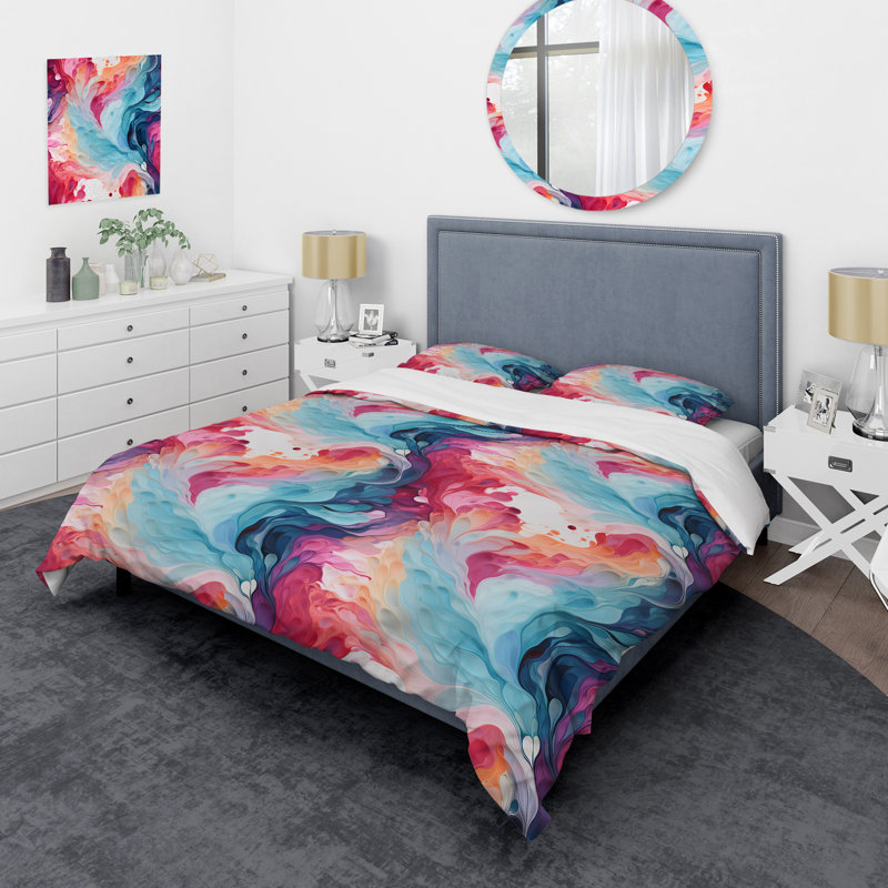 Ensemble de housse de couette rose et bleu Reverie Marble I, Housse de couette simple + 1 taie décorative stan