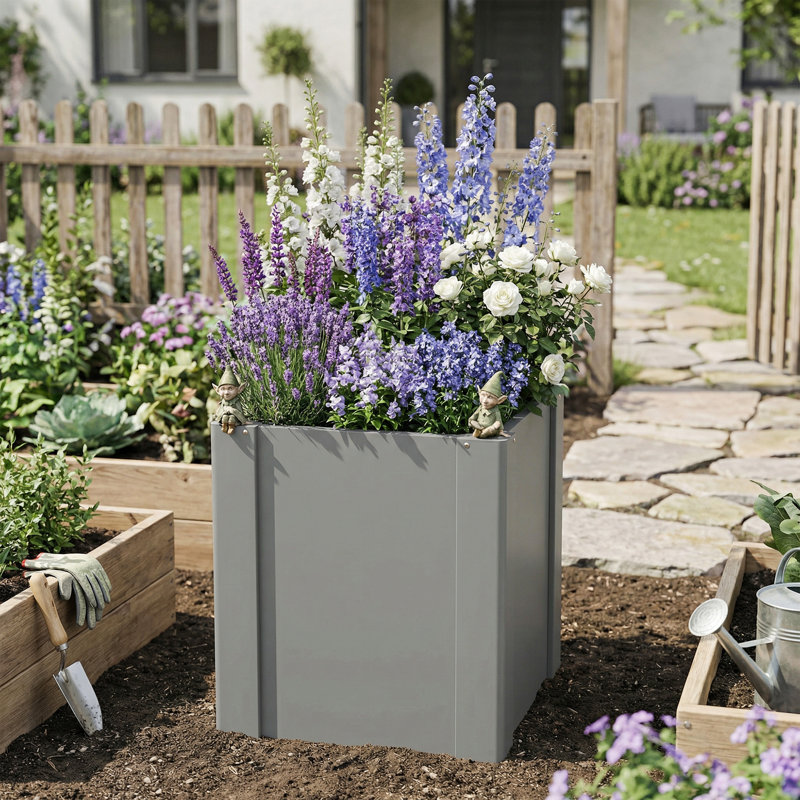 Raised Garden Bed, Galvanized Planter Box Outdoor with Gloves for Gardening Vegetables, Flower, Herb, 1.4 x 1.4 x 1.5 ft, Gray