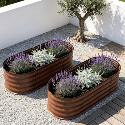 Ensemble de 2 jardinières surélevées galvanisées 8 pi x 2 pi x 1,4 pi - Boîte à fleurs surélevée en métal de 0,6 mm d'épaisseur avec bordure en caoutchouc sécuritaire, réservoir de bricolage facile pour fleurs, herbes et légumes, brun
