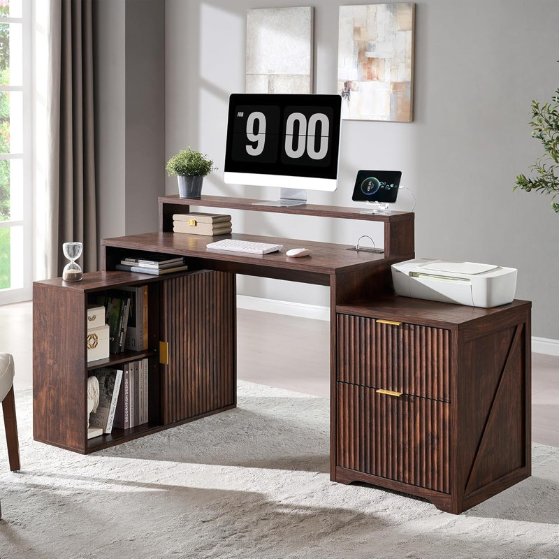 Bureau en L 67 po avec tiroirs et prise de courant, bureau d'ordinateur personnel avec support pour moniteur et armoire de rangement