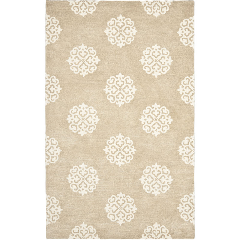 Damask Handmade Tufted Beige/Ivory Area Rug, Rectangle 5' x 8'