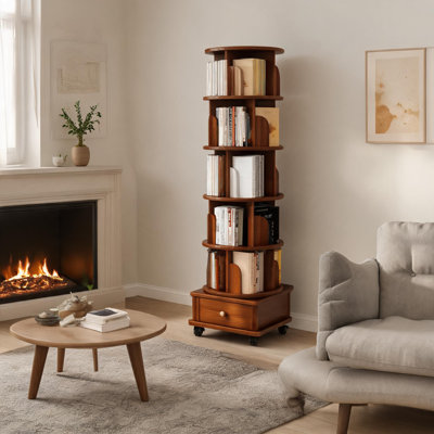 69.2-Inch Upgraded Walnut-Brown Rotating Bookshelf with Wheels – 360-Degree 6-Tier Narrow Wooden Storage Rack – Corner Display Stand for Small Living Rooms, Bedrooms, and Studies