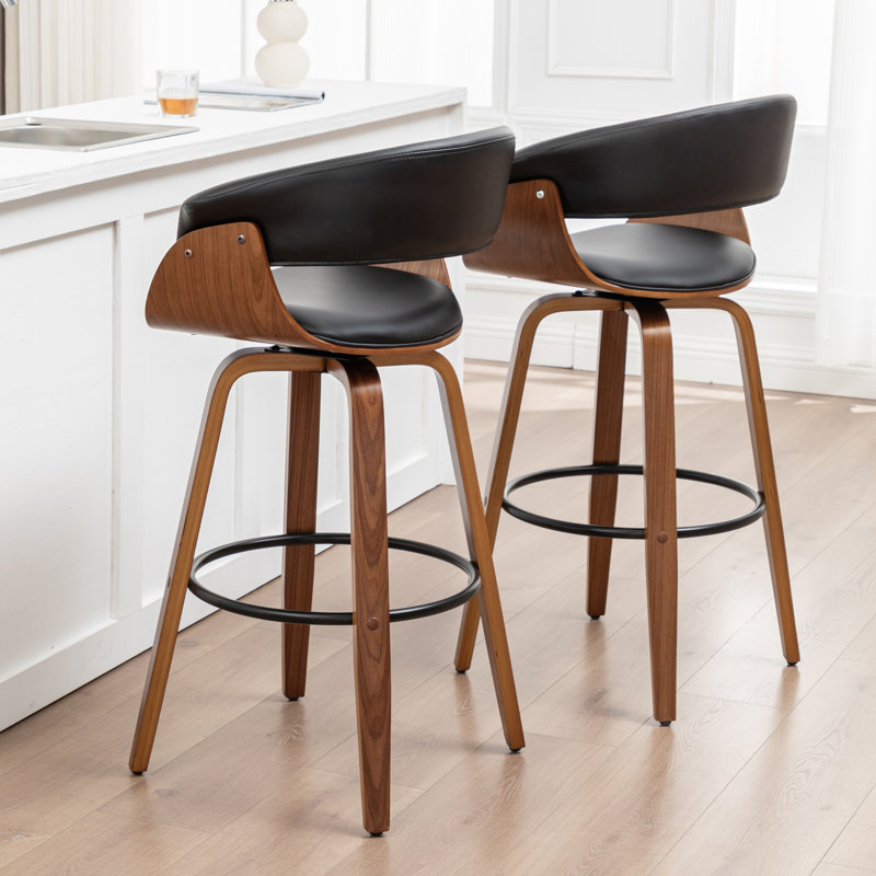 Tabourets pivotants Mid-Century rembourrés en similicuir Devlin, Noir, Tabouret de bar (siège d'une hauteur de 29,5 po)