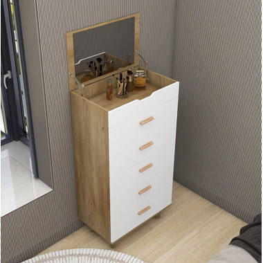 Celestial Dresser with Jewelry Storage, Mirror, 2 Drawers, and Single Door Cabinet Latitude Run Color: White