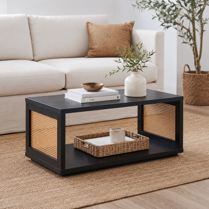 Table basse Haught Weave avec tablette, Noir / orge beige