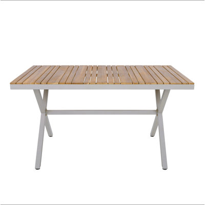 Ensemble repas d'extérieur 7 pièces - Table rectangulaire en bois de teck + 6 chaises en osier avec coussins, structure en acier, finition teck, parfait pour la terrasse, le patio ou le jardin