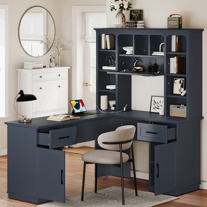 Bureau d'ordinateur en L avec prise de courant, Bleu antique