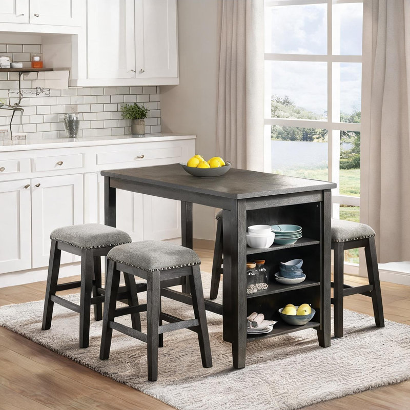 Ensemble de salle à manger à hauteur de comptoir avec bibliothèque intégrée et tabourets rembourrés, bois gris froid, 5 pièces