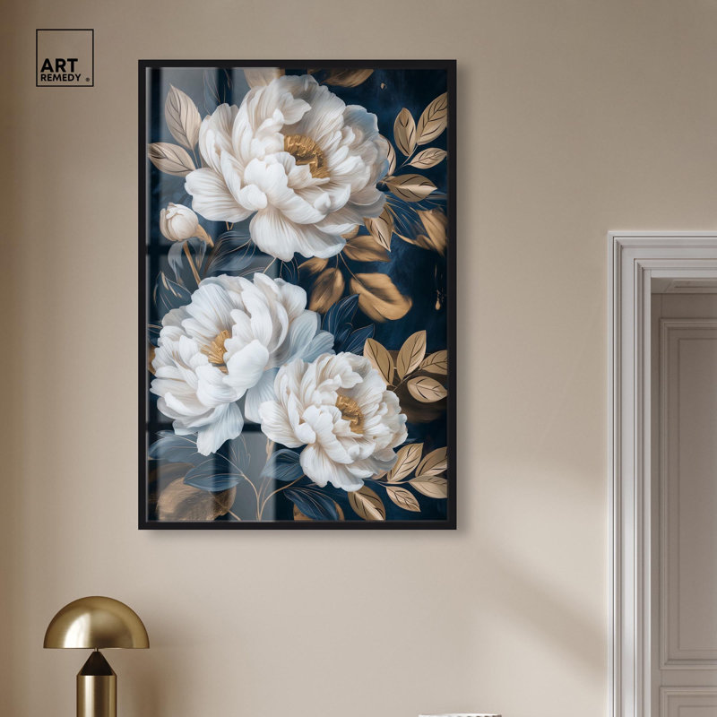 Décoration murale fleurs blanches et feuilles dorées Shadowbox par Art Remedy, H 46 po x l 31 po, Noir