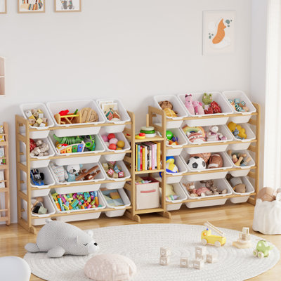 Grand organisateur de rangement de jouets blanc avec 24 bacs et 3 tablettes