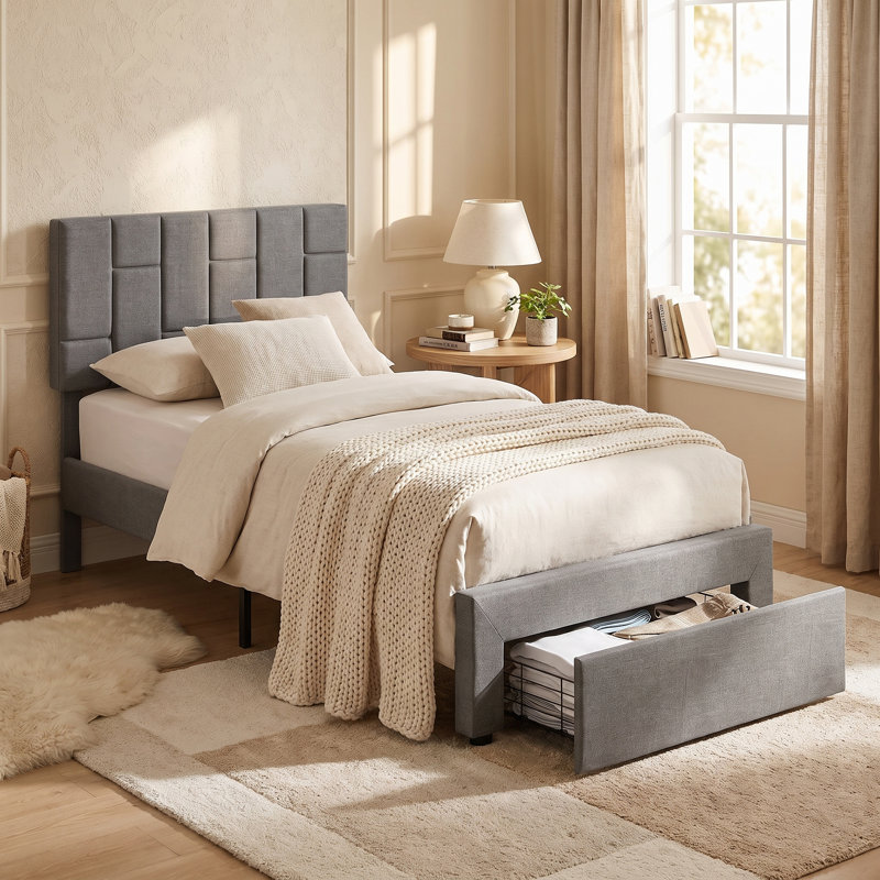 Lashawnda Modern Style Fabric Upholstered Bed Twin Size Platform Bed With Storage Drawer, Gray
