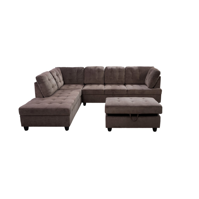 Canapé modulaire en L avec repose-pieds 3 pièces Carleah, Velours côtelé gris, Accoudoir à gauche (vu de face)