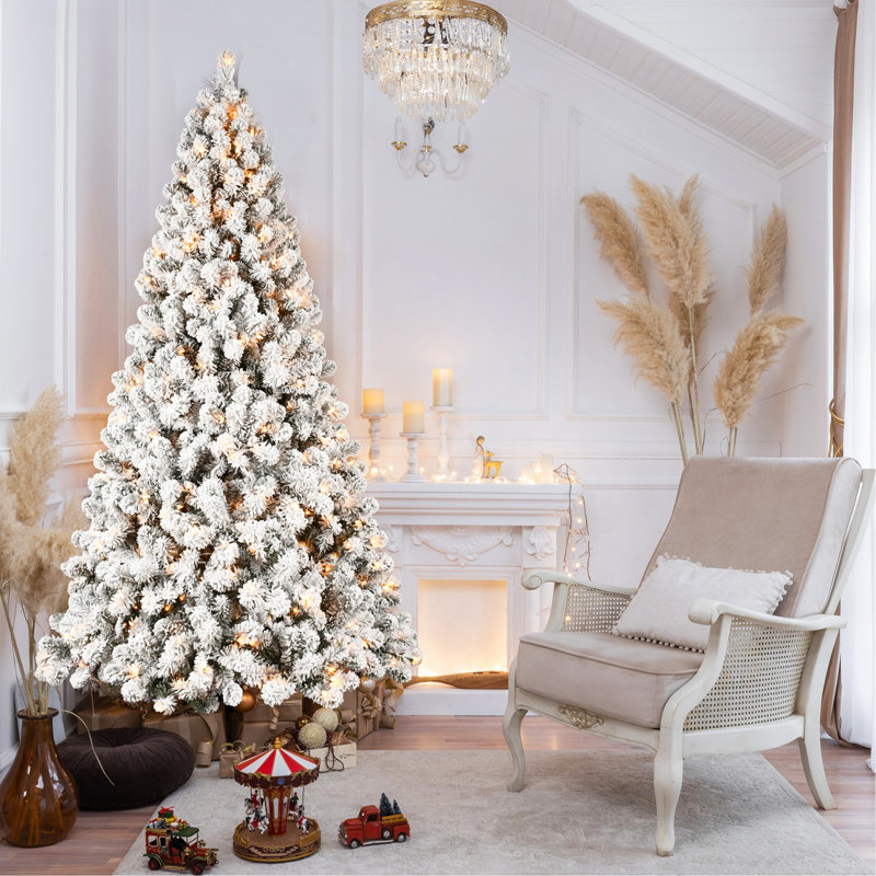 Arbre de Noël illuminé enneigé 6 pi avec 300 lumières UL blanc chaud, 779 pointes en PVC, fil à mémoire dépliable, assemblage facile et support en métal stable - décor des Fêtes enneigé